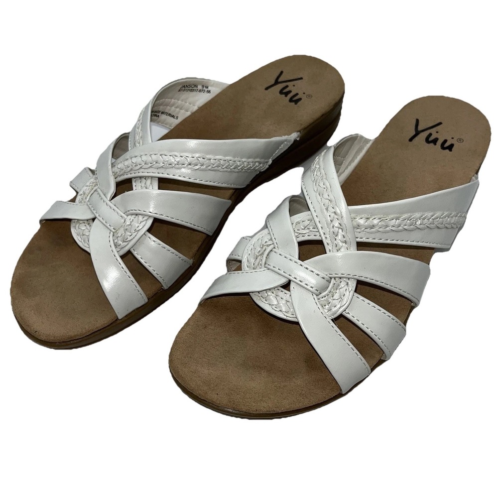Yuu Dansa Sandals Slip On White Faux Leather 9M Comfort Slide